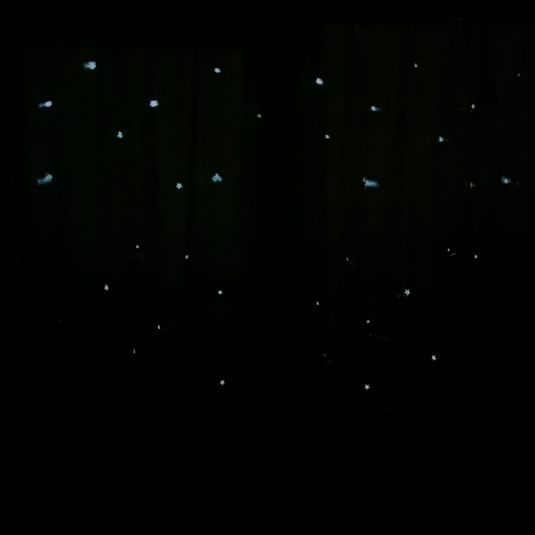 照明を消した部屋のカーテンに、星型の光がいくつも浮かんでいる様子